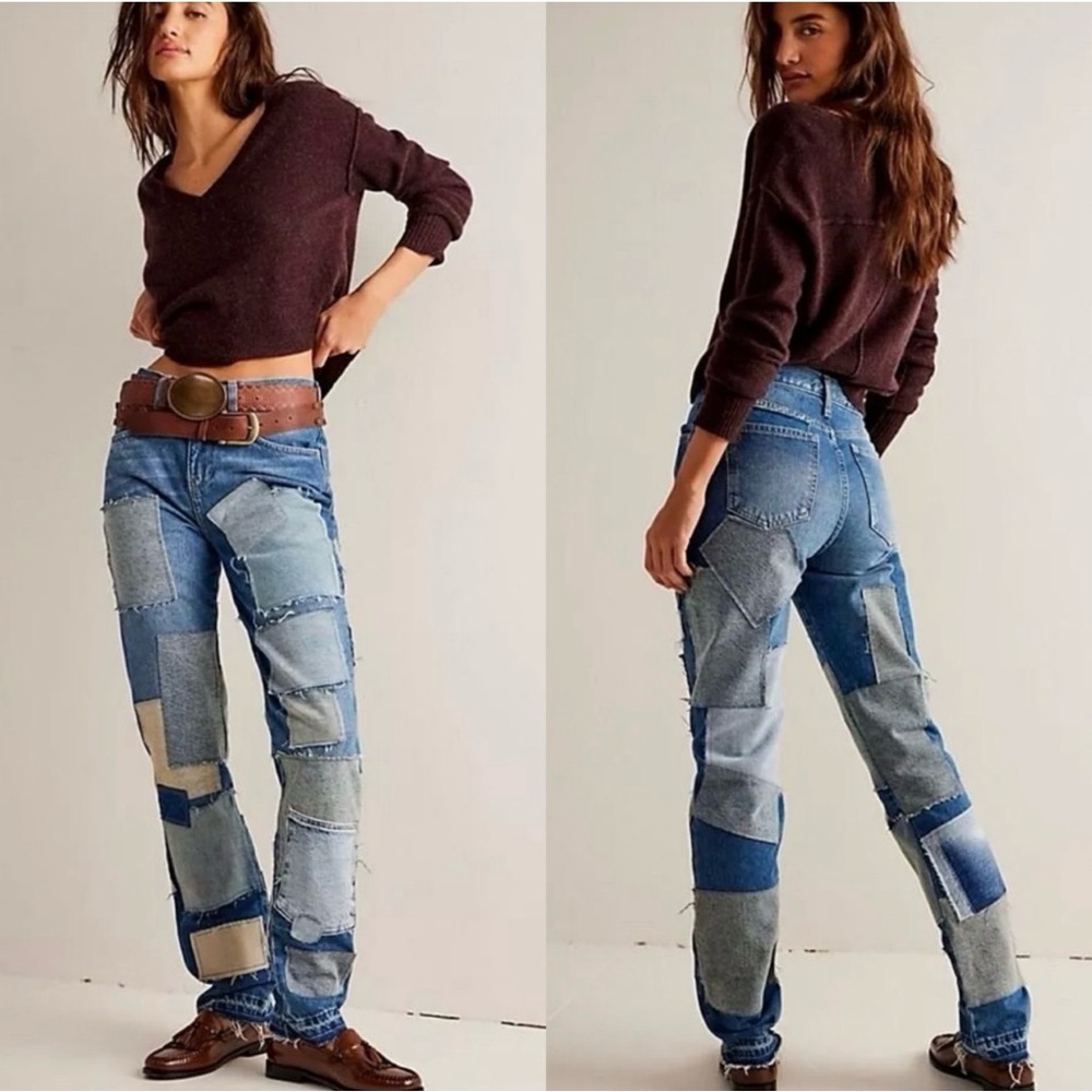 Free People Patchwork High-Rise Jeans in Blue